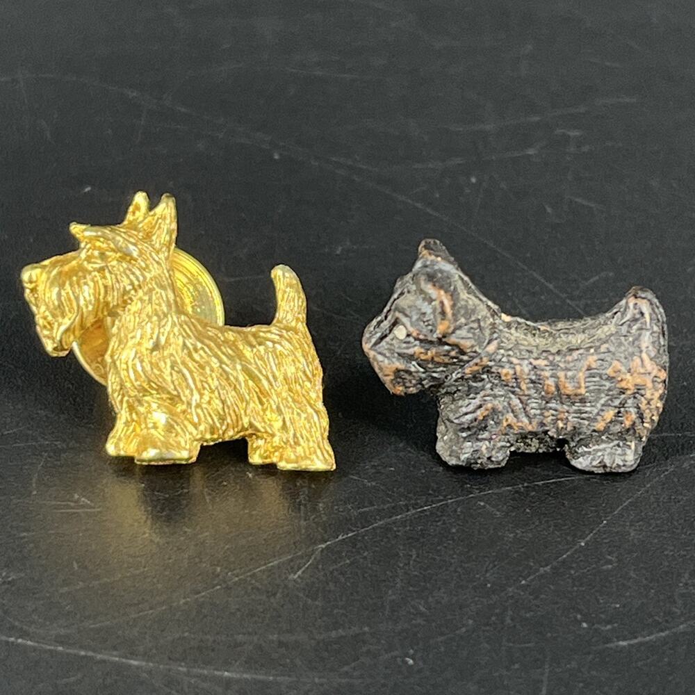 Vintage Gold Colored Scottie Dog Lapel Tie Pin 3/4" AVON + Tiny Scottie Figurine